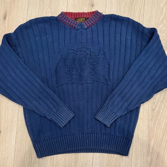 Eddie Bauer Vintage Mountain Sweater XL Blue Red Knit - Picture 1 of 4